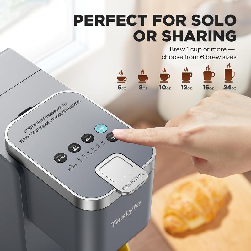Tastyle Single Serve Coffee Maker, Iced and Hot Coffee Machine for K Cup & Grounds, Compact Design, 40oz Removable Water Reservoir, 6 to 24 Oz Brew Sizes, Fits 7.3" Travel Mug, Gray - Image 5